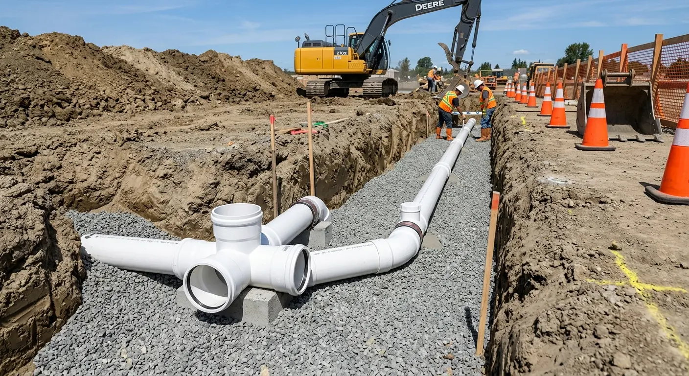 New PVC sewer pipe installation in open trench for Sewer Backup in Gonzales