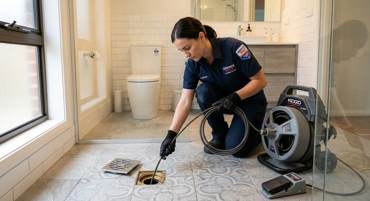 Technician clearing a bathroom floor drain for Drain Cleaning in Gonzales